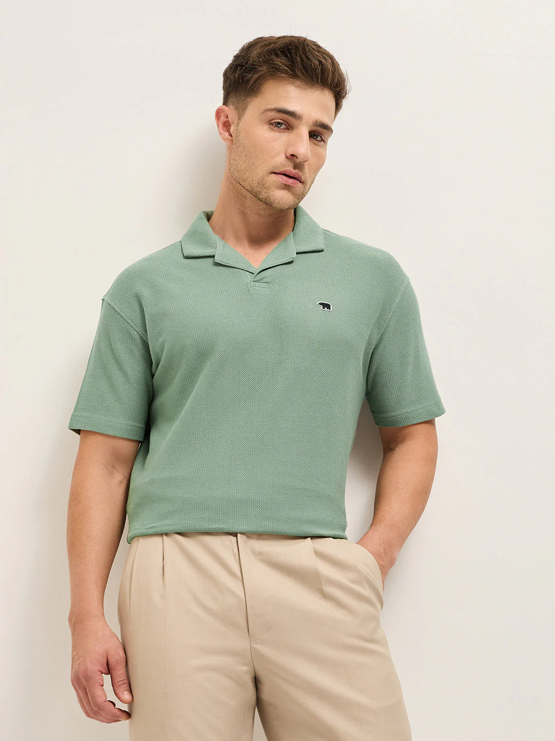 Men Light Green Solid Collar