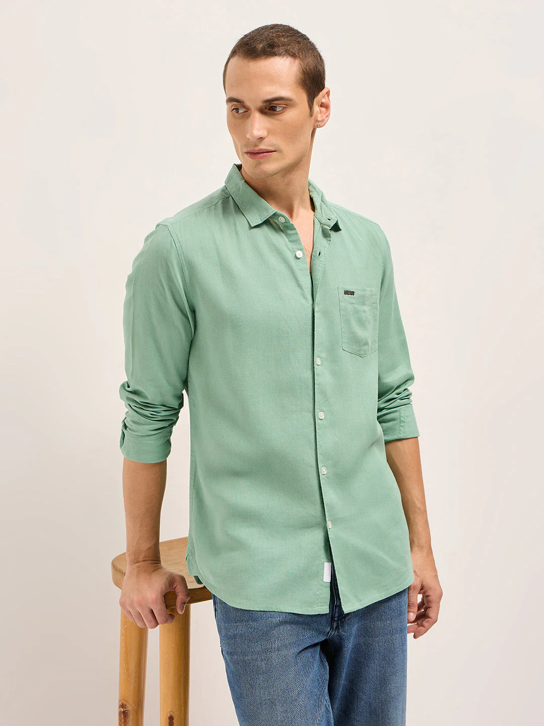 Men Light Green Solid Lyocell Slim Fit Casual Shirt