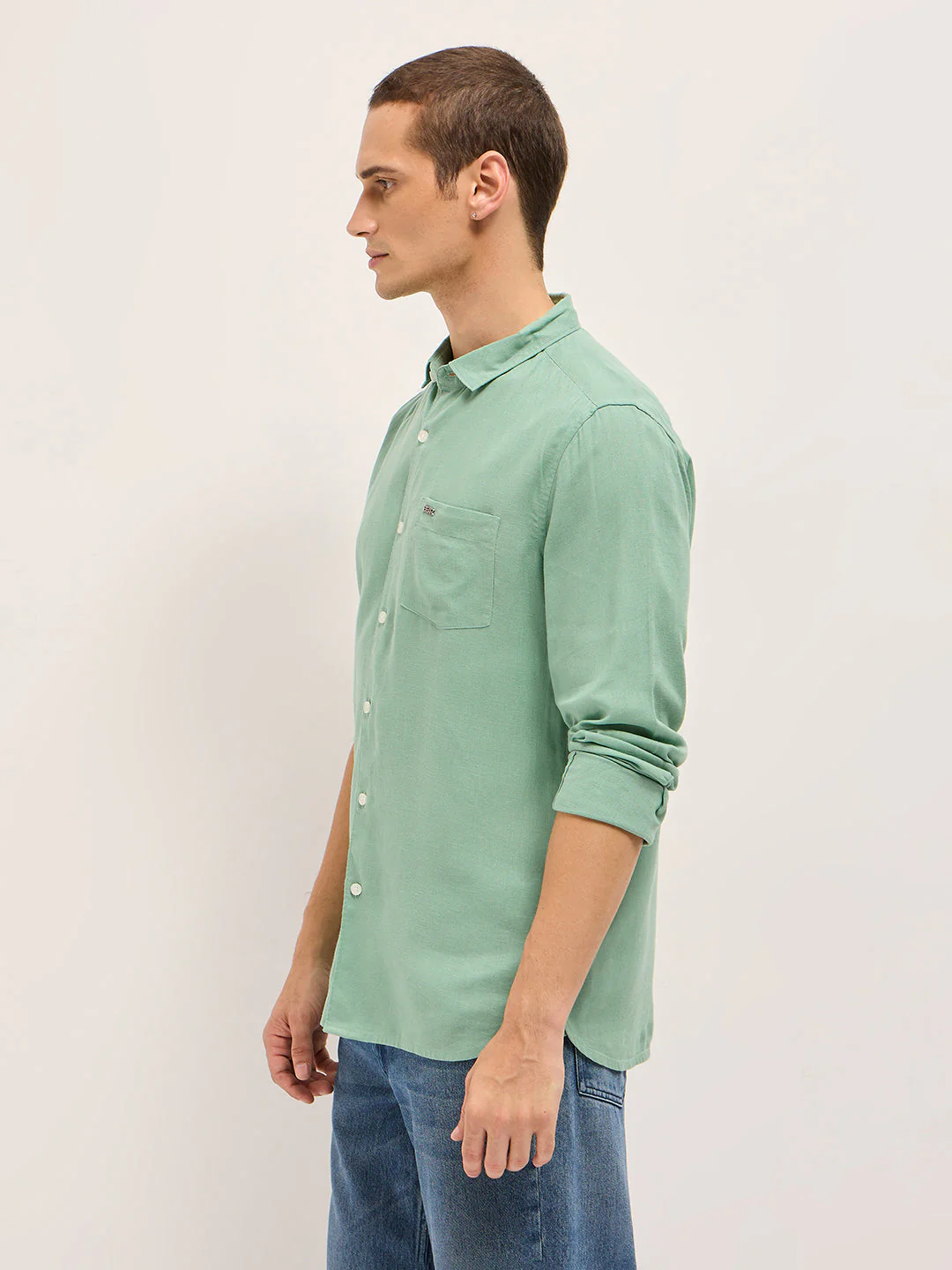 Men Light Green Solid Lyocell Slim Fit Casual Shirt - Image 3