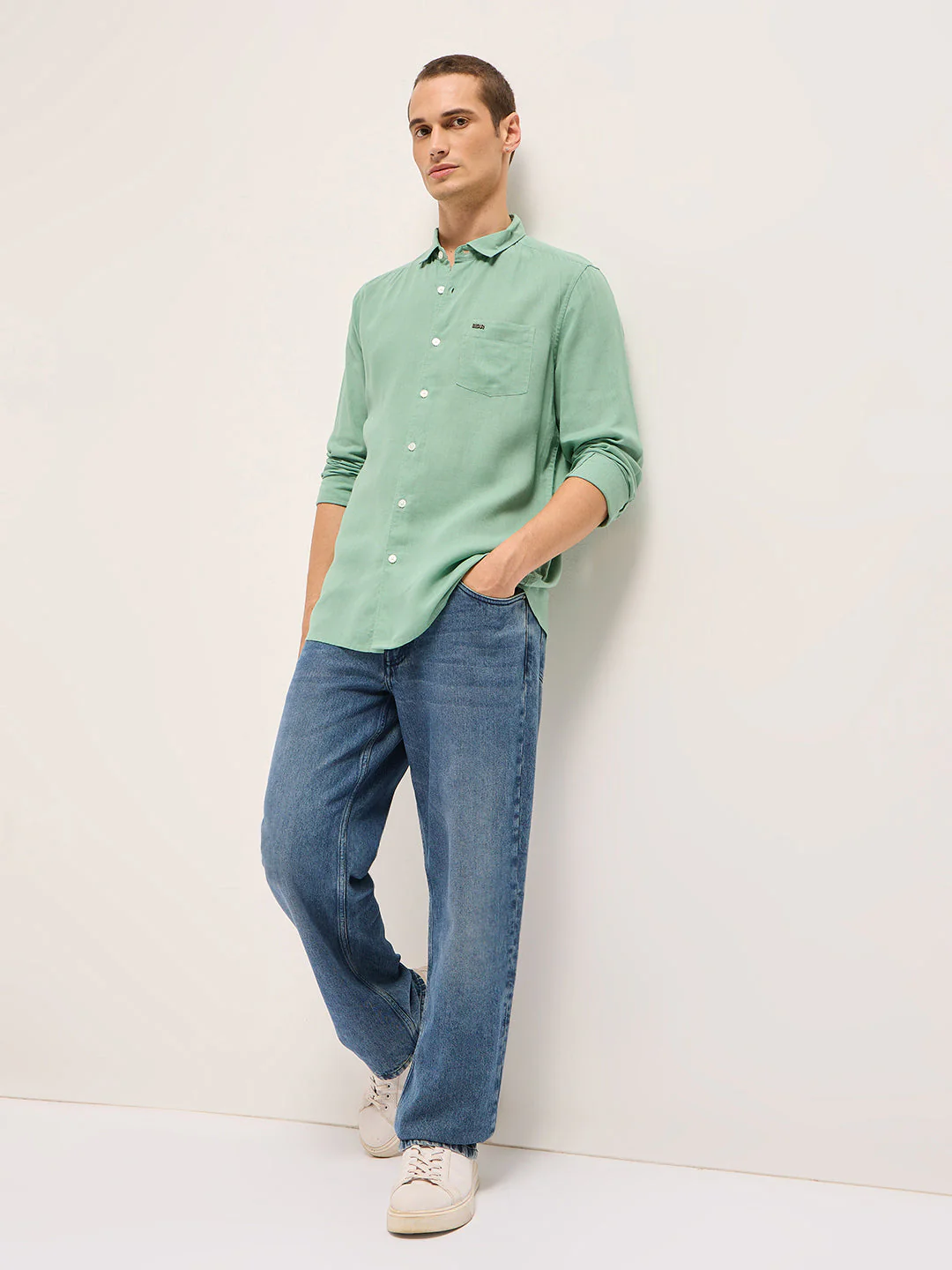 Men Light Green Solid Lyocell Slim Fit Casual Shirt - Image 4