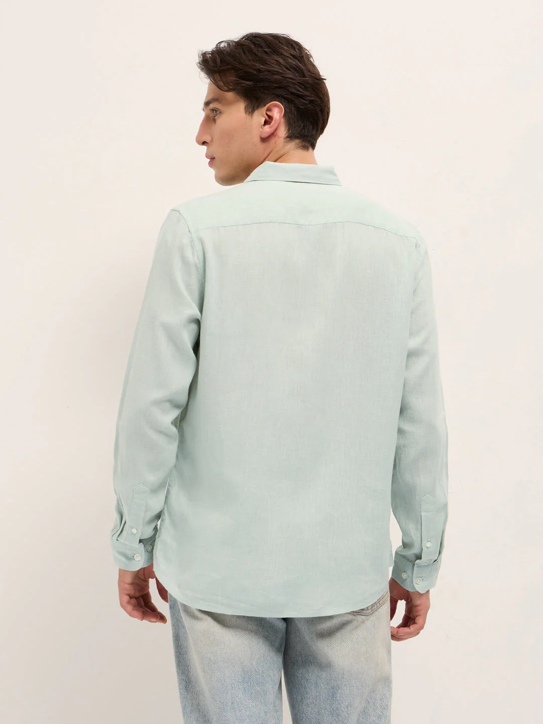 Men Light Green Solid Lyocell Slim Fit Casual Shirt - Image 2