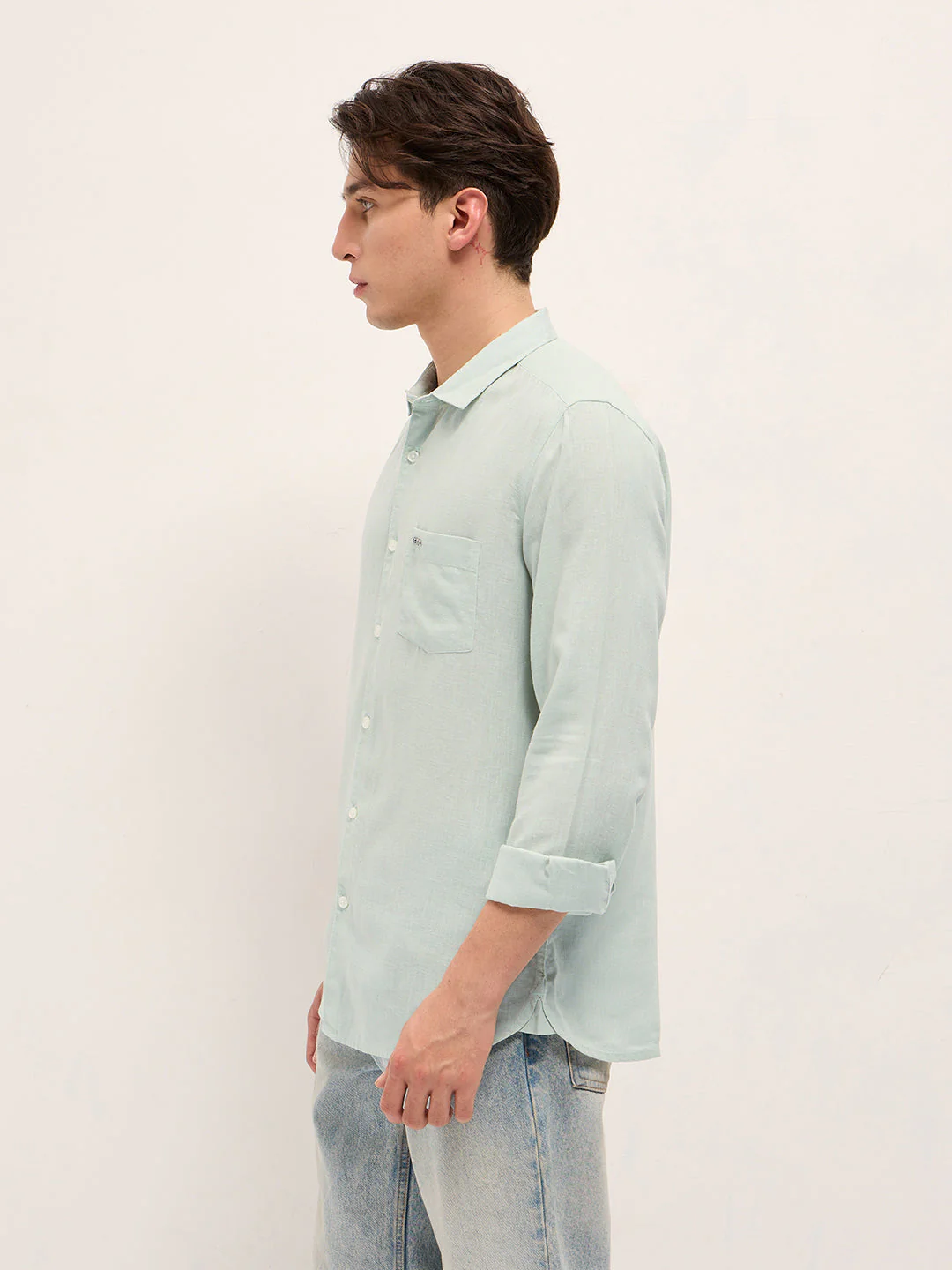 Men Light Green Solid Lyocell Slim Fit Casual Shirt - Image 3