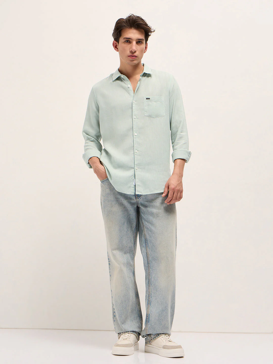 Men Light Green Solid Lyocell Slim Fit Casual Shirt - Image 4