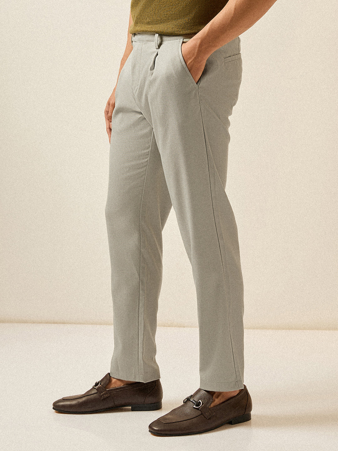 Men Light Green Solid Regular Fit Formal Trouser - Image 3
