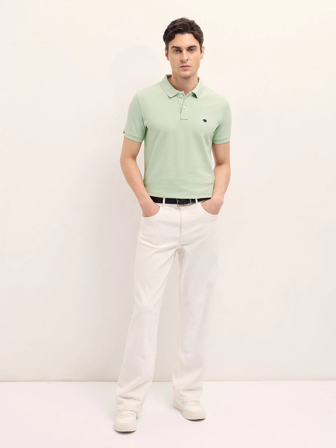 Men Light Green Solid Regular Fit Polo - Image 4
