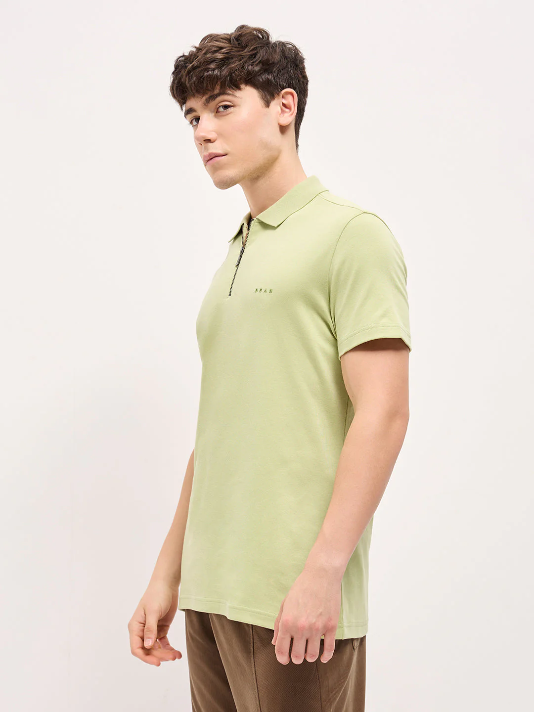 Men Light Green Solid Regular Fit Polo T-shirt - Image 3