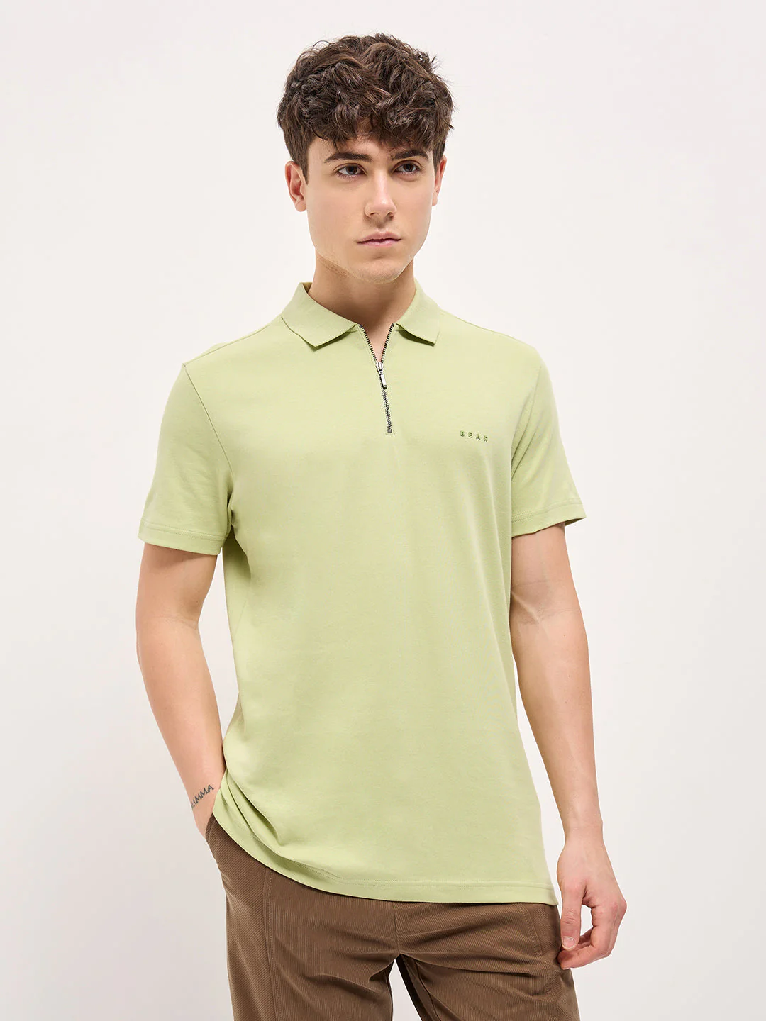 Men Light Green Solid Regular Fit Polo T-shirt - Image 6