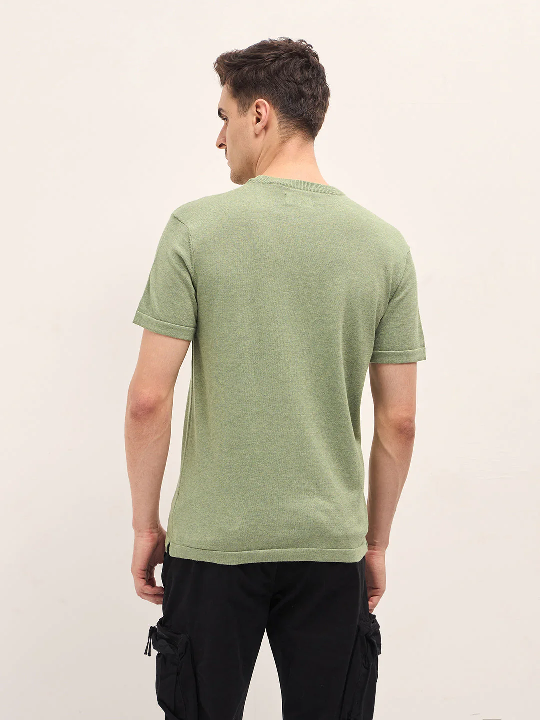 Men Light Green Solid Regular Fit Ribbed Crew Neck T-shirt - Image 2