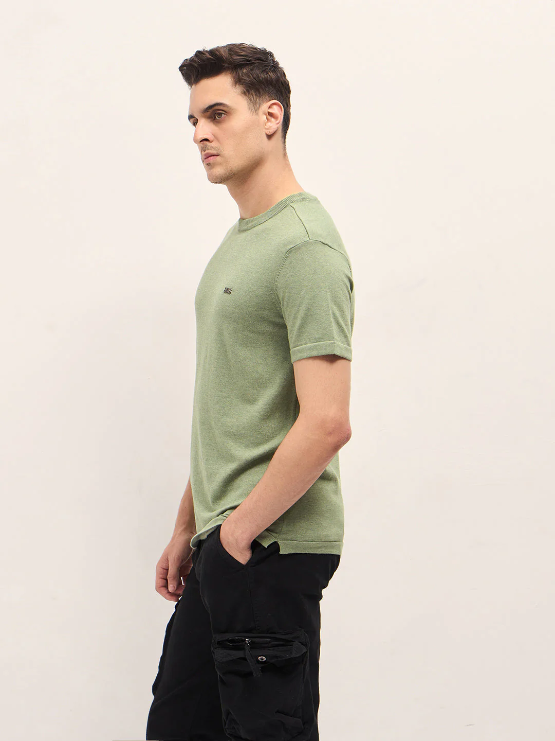 Men Light Green Solid Regular Fit Ribbed Crew Neck T-shirt - Image 3