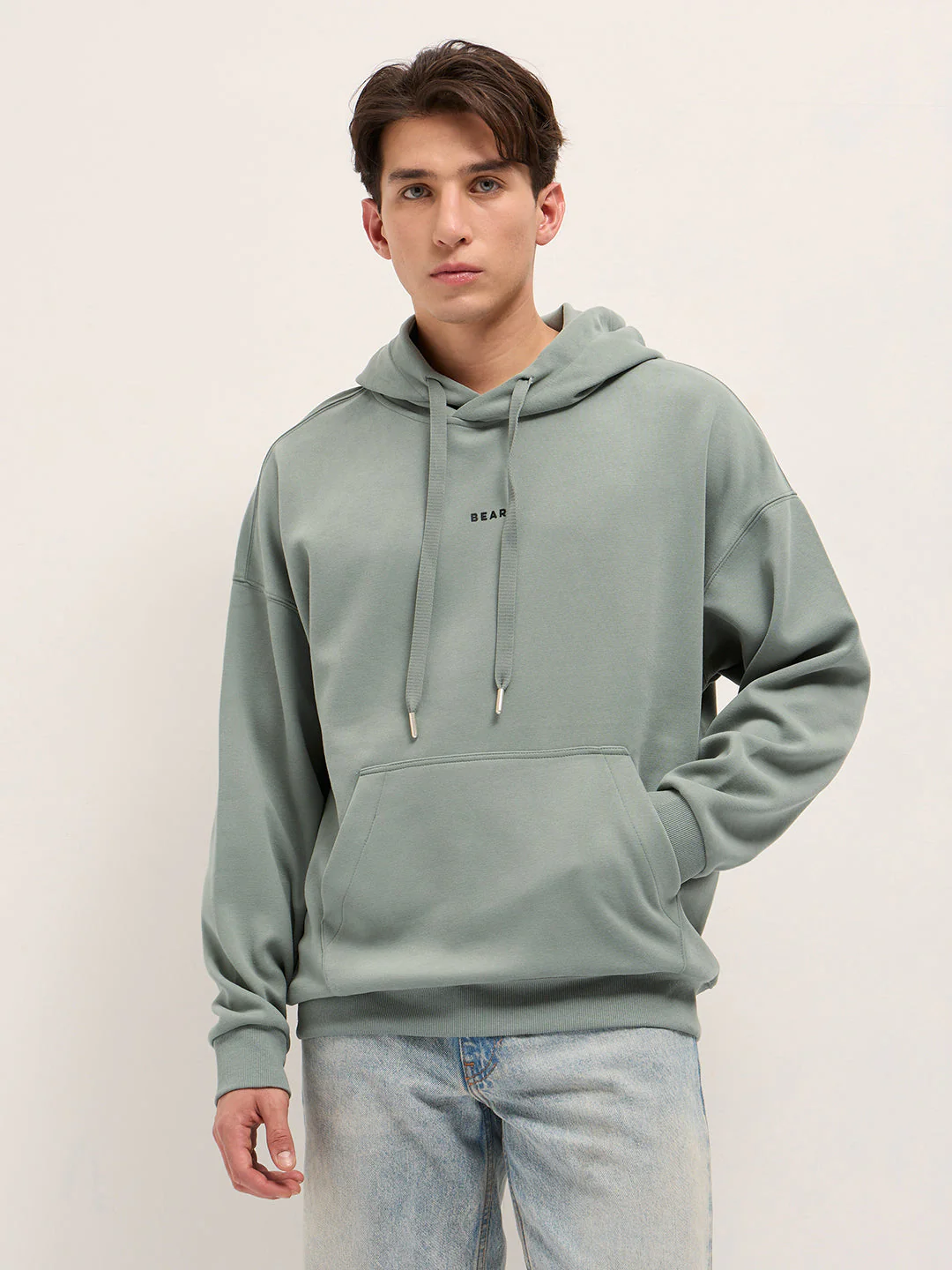 Men Light Green Solid Relax Fit Hoodie - Image 5