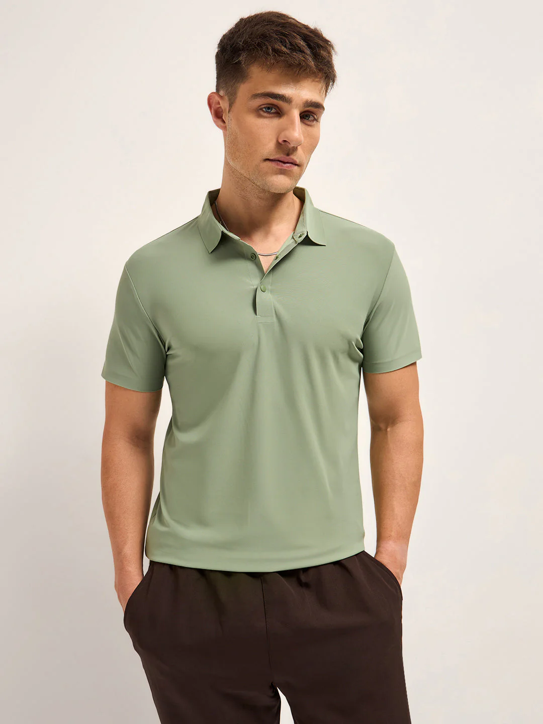 Men Light Green Solid Slim Fit Polo T-shirt