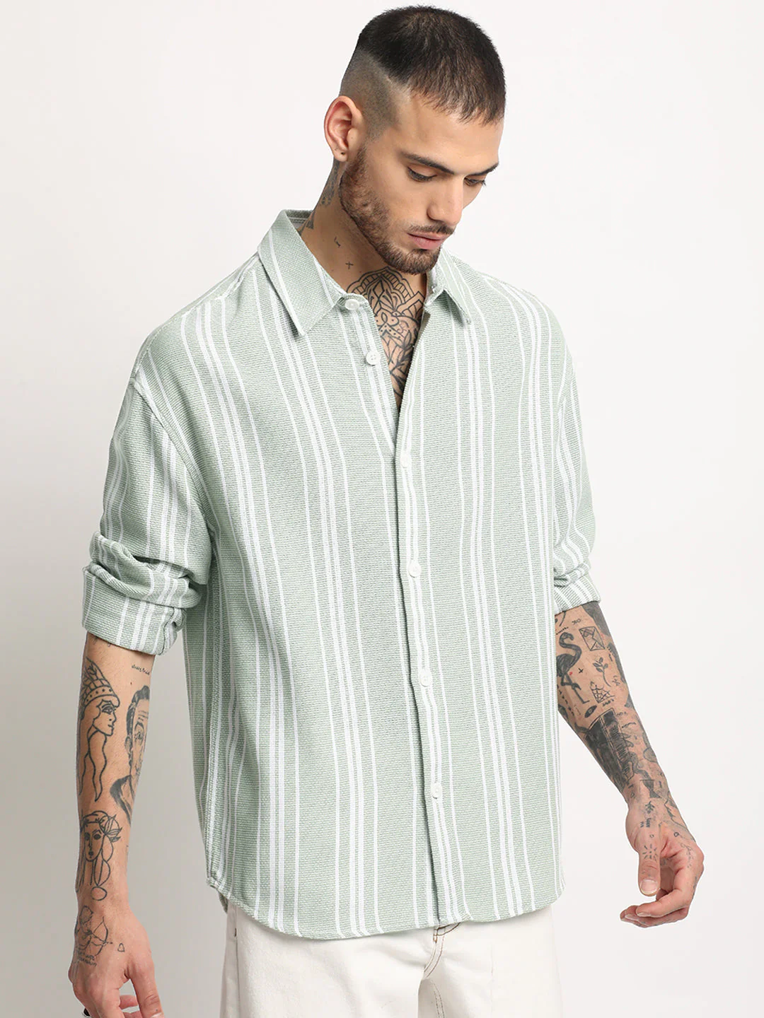 Men  Light Green Stripe Relax Fit Casual Shirt - Image 3