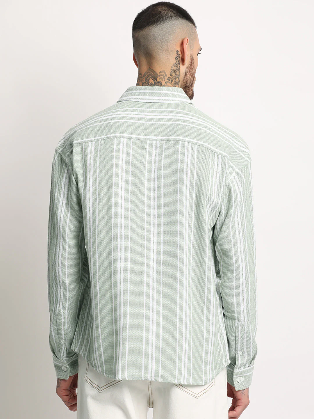 Men  Light Green Stripe Relax Fit Casual Shirt - Image 4