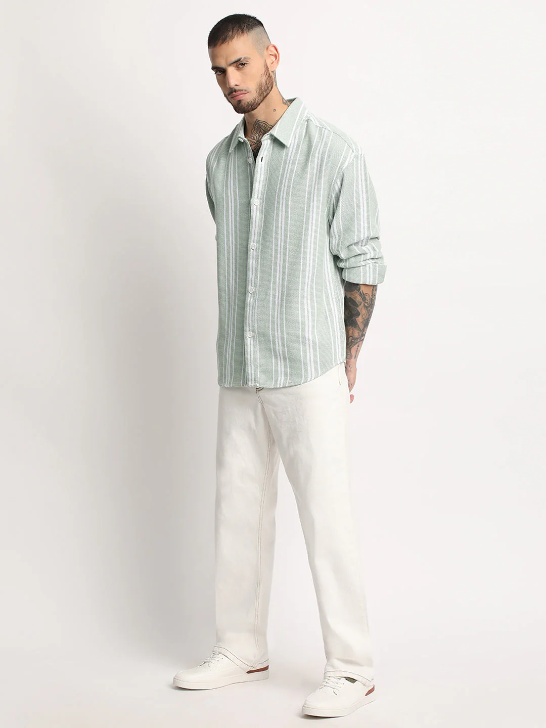 Men  Light Green Stripe Relax Fit Casual Shirt - Image 5