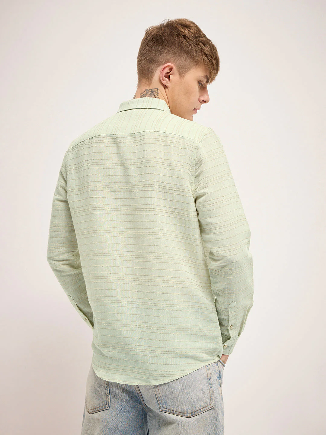 Men Light Green Stripe Slim Fit Casual Shirt - Image 2
