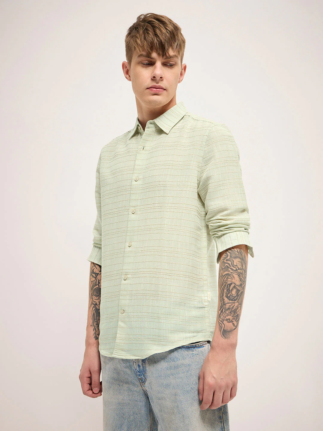 Men Light Green Stripe Slim Fit Casual Shirt - Image 3