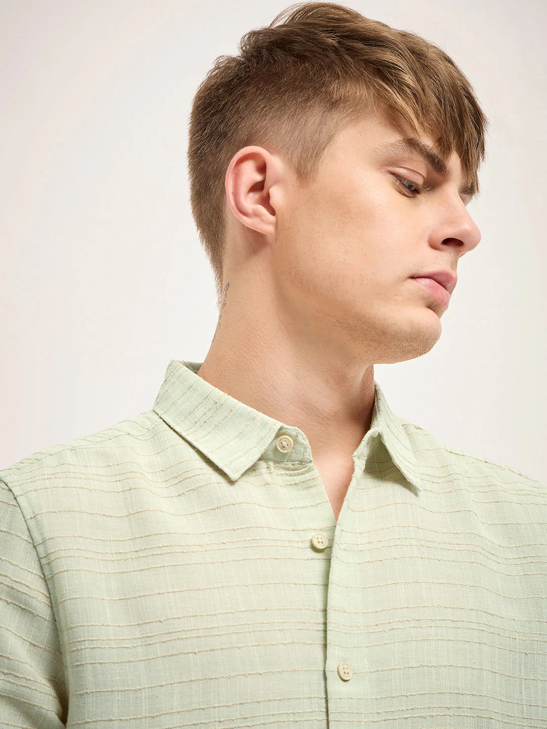 Men Light Green Stripe Slim Fit Casual Shirt - Image 4