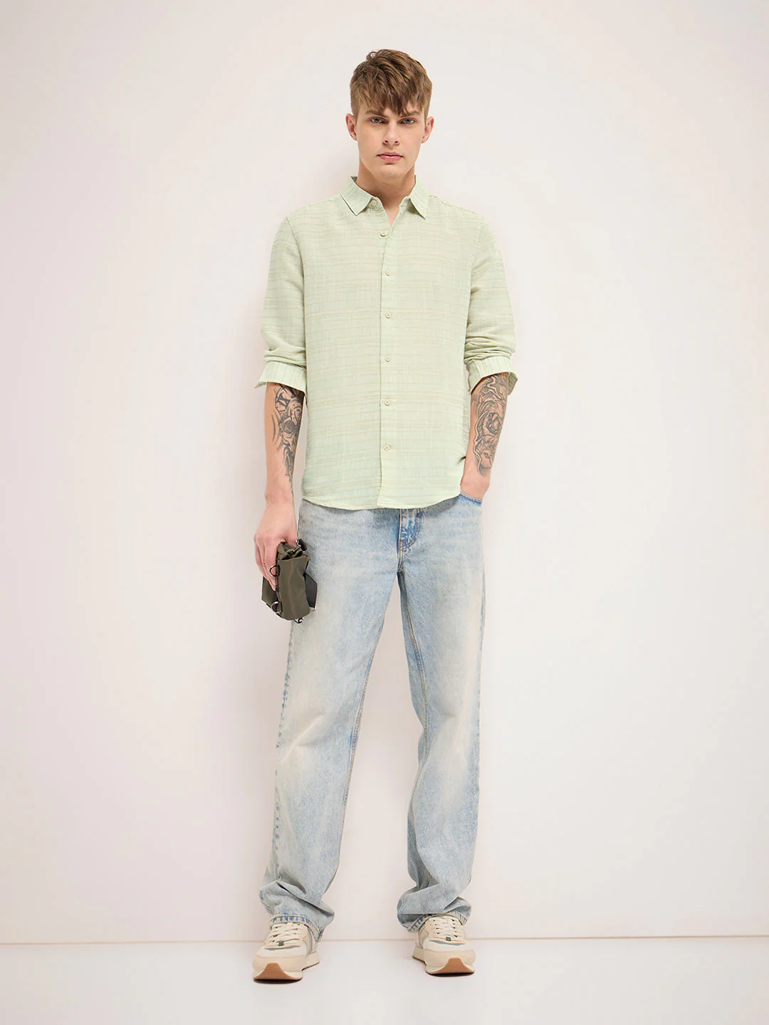 Men Light Green Stripe Slim Fit Casual Shirt - Image 5