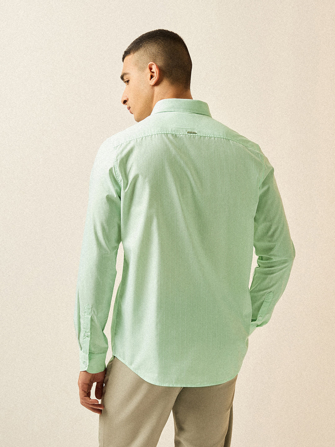 Men Light Green Striped Tailored Fit Formal Shirt - Image 2