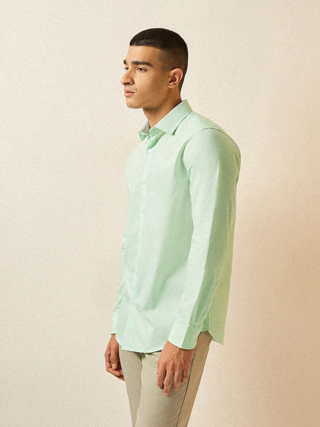Men Light Green Striped Tailored Fit Formal Shirt - Image 3