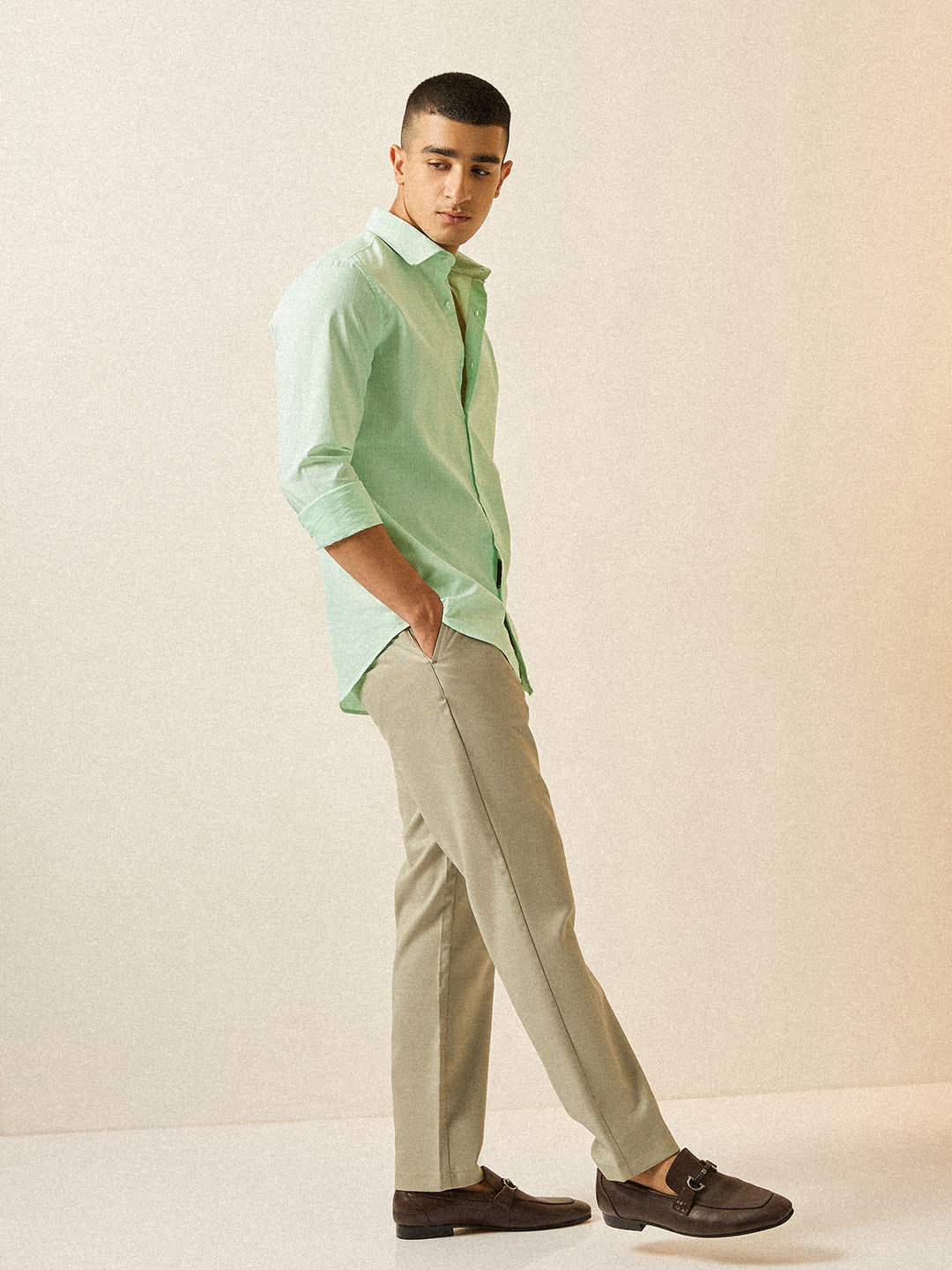Men Light Green Striped Tailored Fit Formal Shirt - Image 4