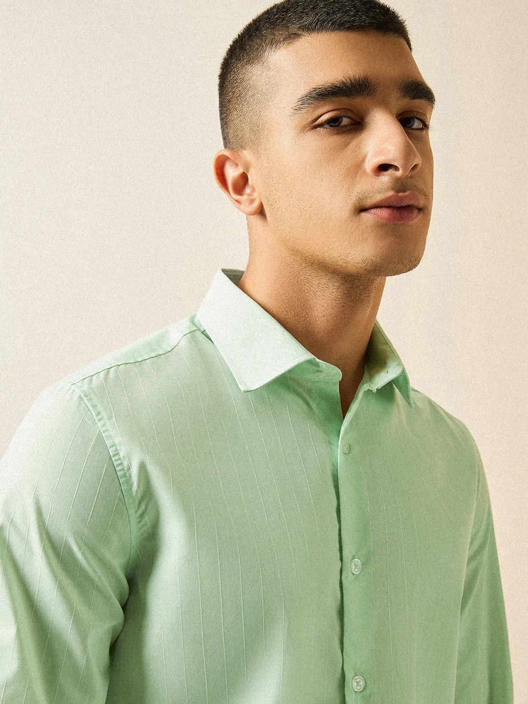 Men Light Green Striped Tailored Fit Formal Shirt - Image 5
