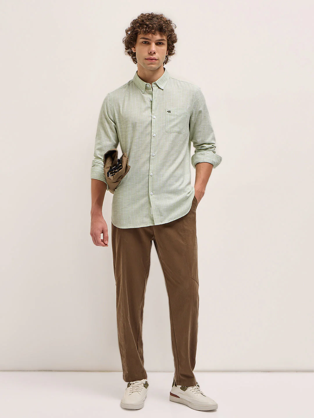 Men Light Green Stripes Slim Fit Casual Shirt - Image 4