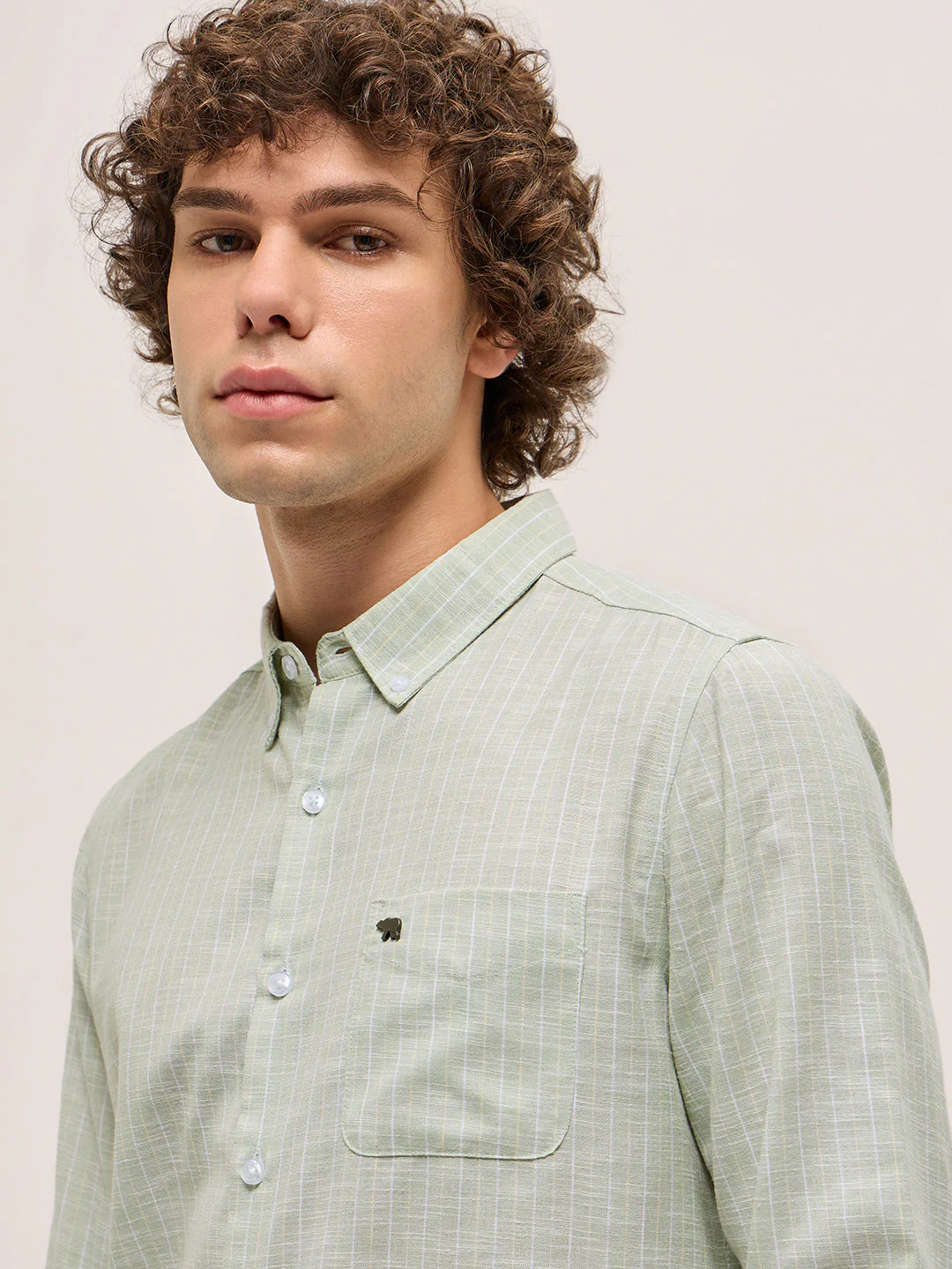 Men Light Green Stripes Slim Fit Casual Shirt - Image 5