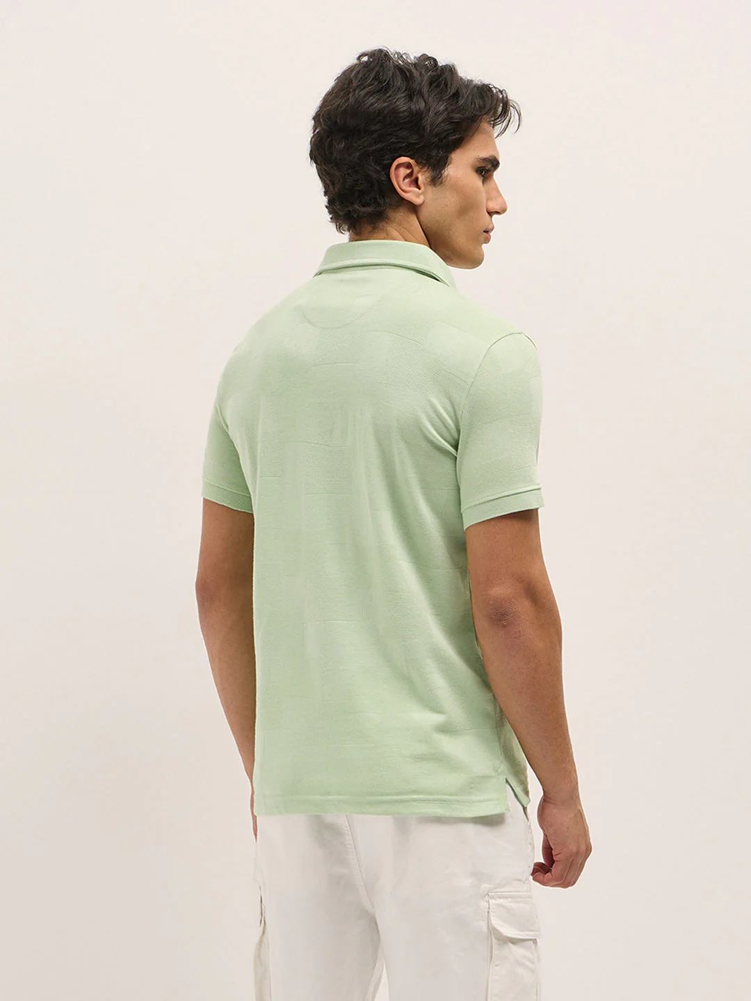 Men Light Green Textured checkered Slim Fit Polo - Image 2