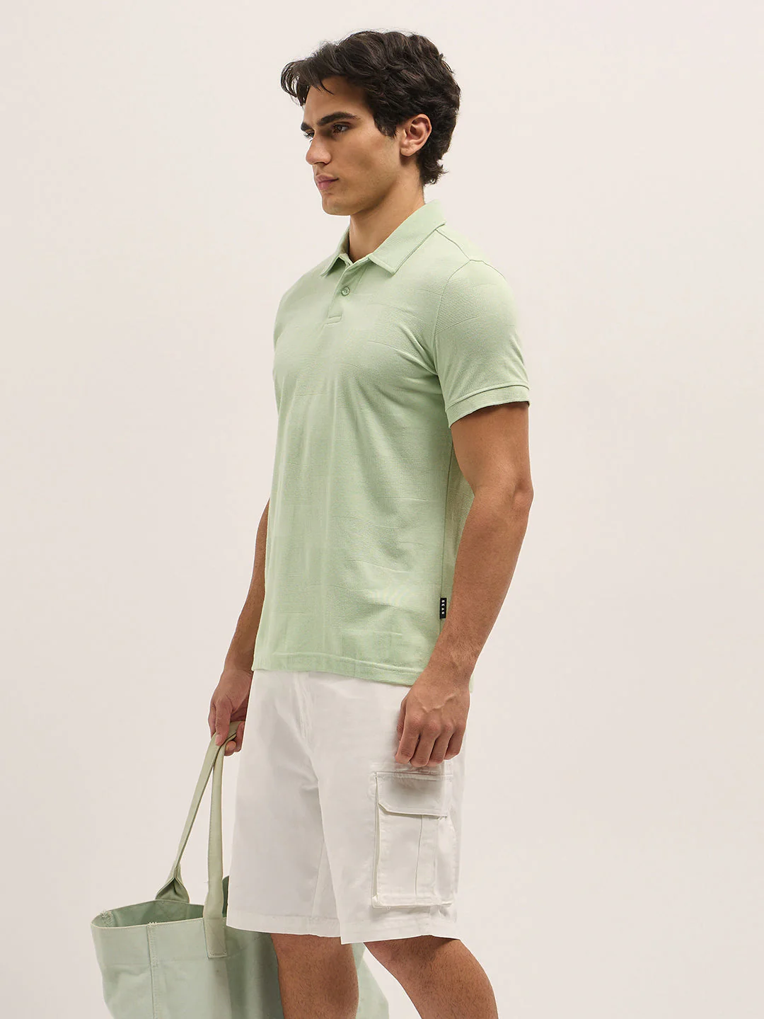 Men Light Green Textured checkered Slim Fit Polo - Image 3