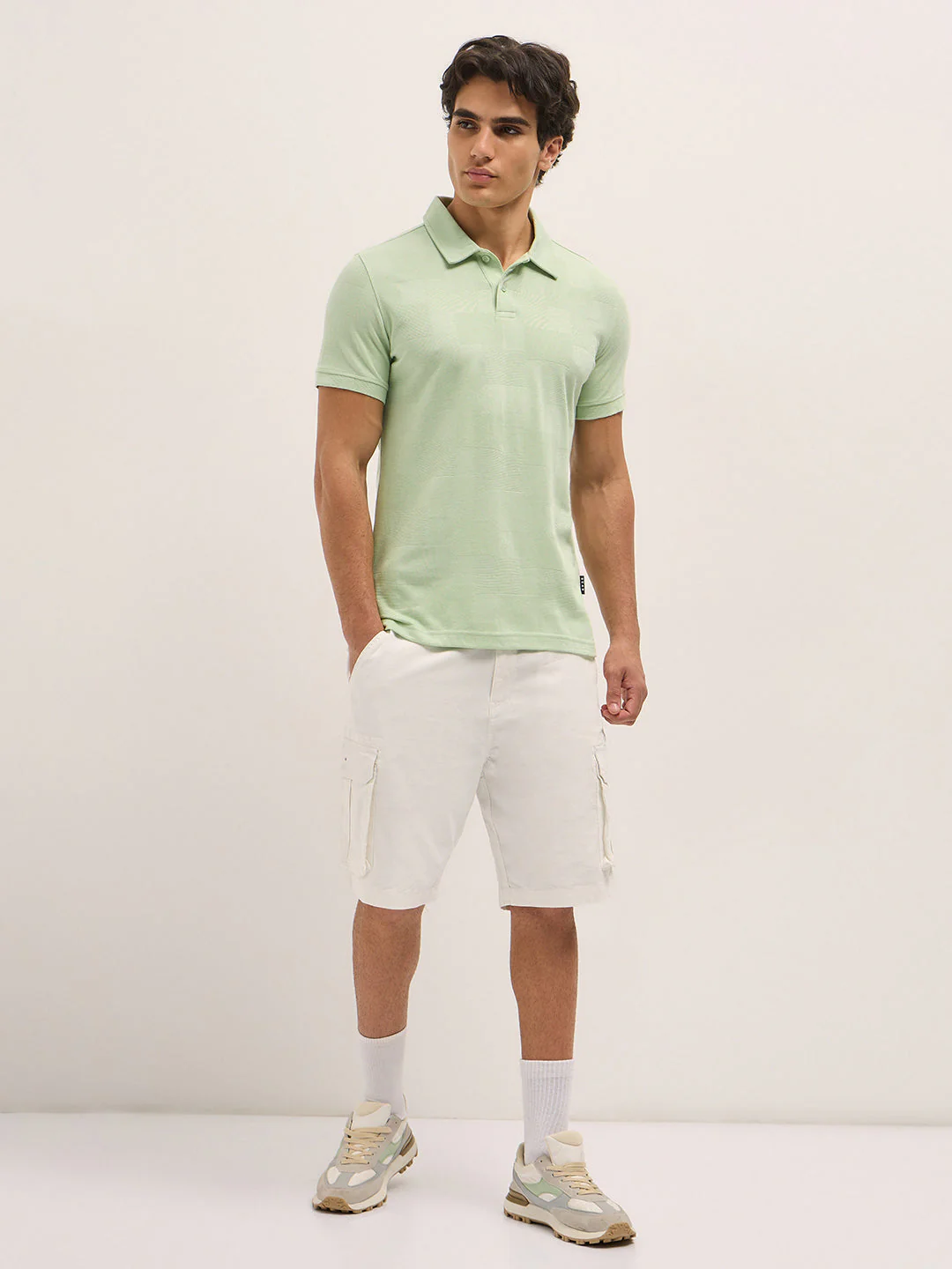 Men Light Green Textured checkered Slim Fit Polo - Image 4