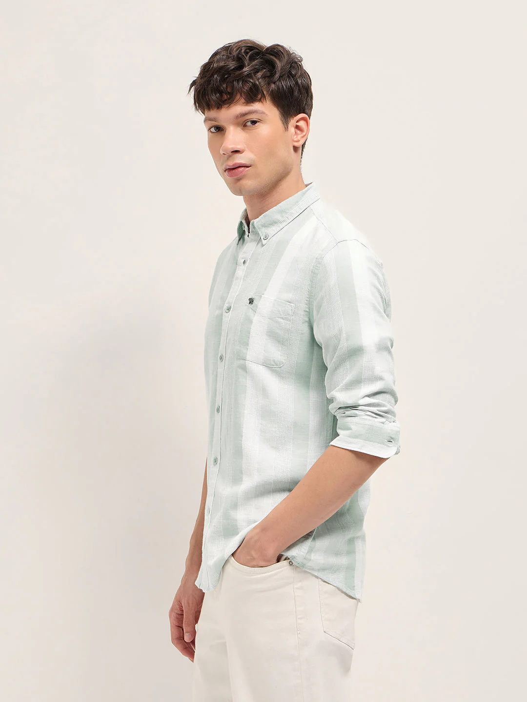 Men Light Green Textured Woven Stripe Slim Fit Cotton Casual Shirt - Image 3