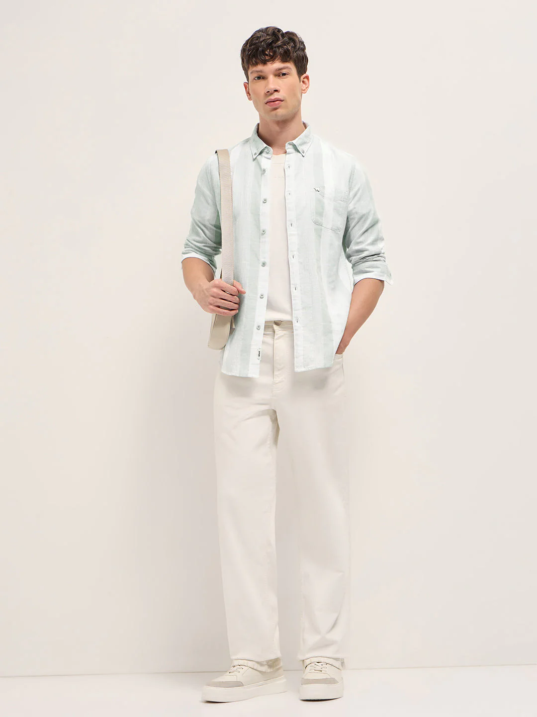 Men Light Green Textured Woven Stripe Slim Fit Cotton Casual Shirt - Image 4