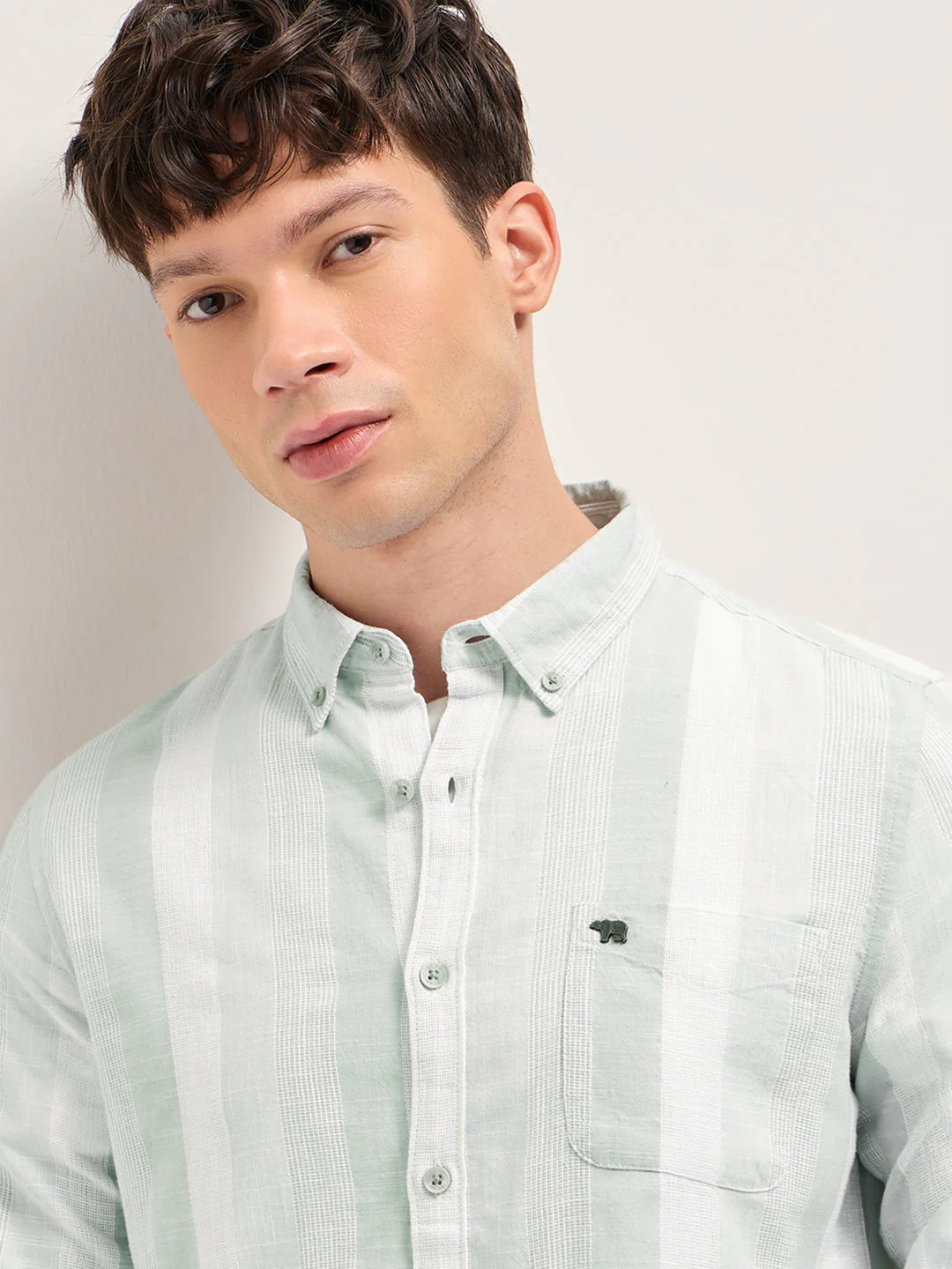 Men Light Green Textured Woven Stripe Slim Fit Cotton Casual Shirt - Image 5