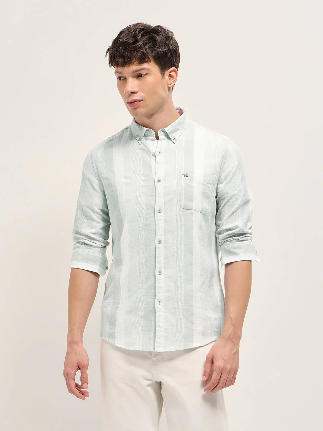Men Light Green Textured Woven Stripe Slim Fit Cotton Casual Shirt - Image 6