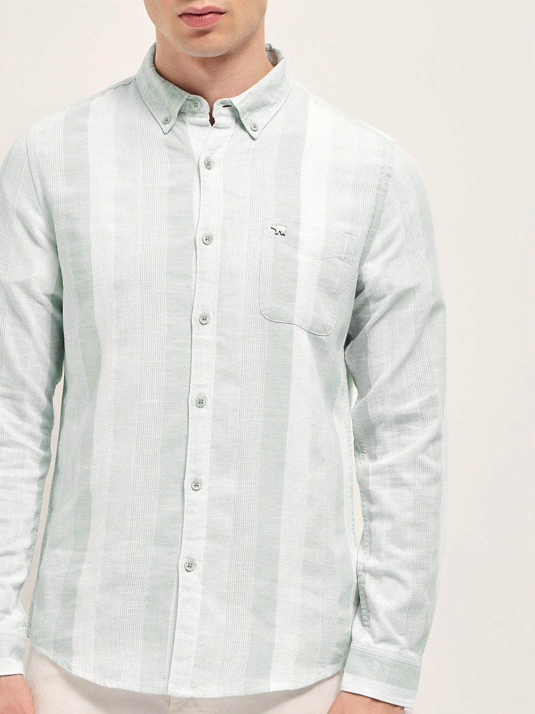 Men Light Green Textured Woven Stripe Slim Fit Cotton Casual Shirt - Image 7