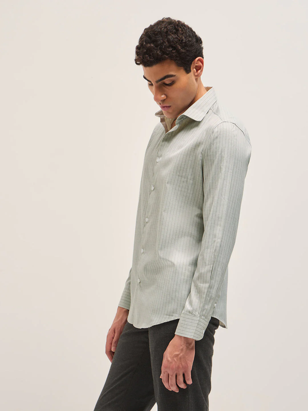 Men Light Green Vertical Striped Tailored Fit Formal Shirt - Image 3