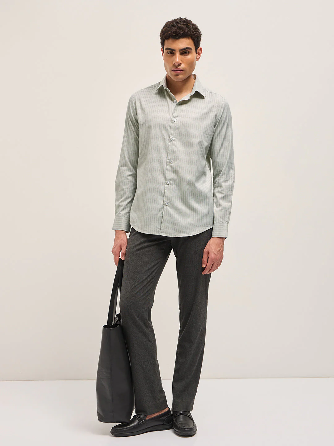 Men Light Green Vertical Striped Tailored Fit Formal Shirt - Image 4