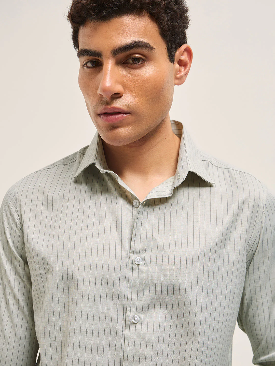 Men Light Green Vertical Striped Tailored Fit Formal Shirt - Image 5