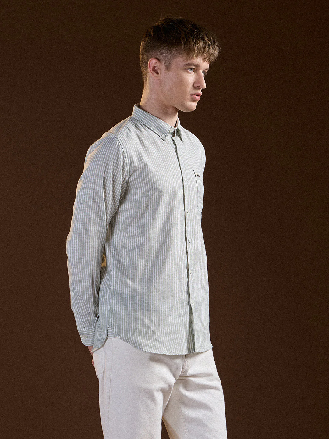 Men Light Green Vertical Stripes Slim Fit Casual Shirt - Image 3