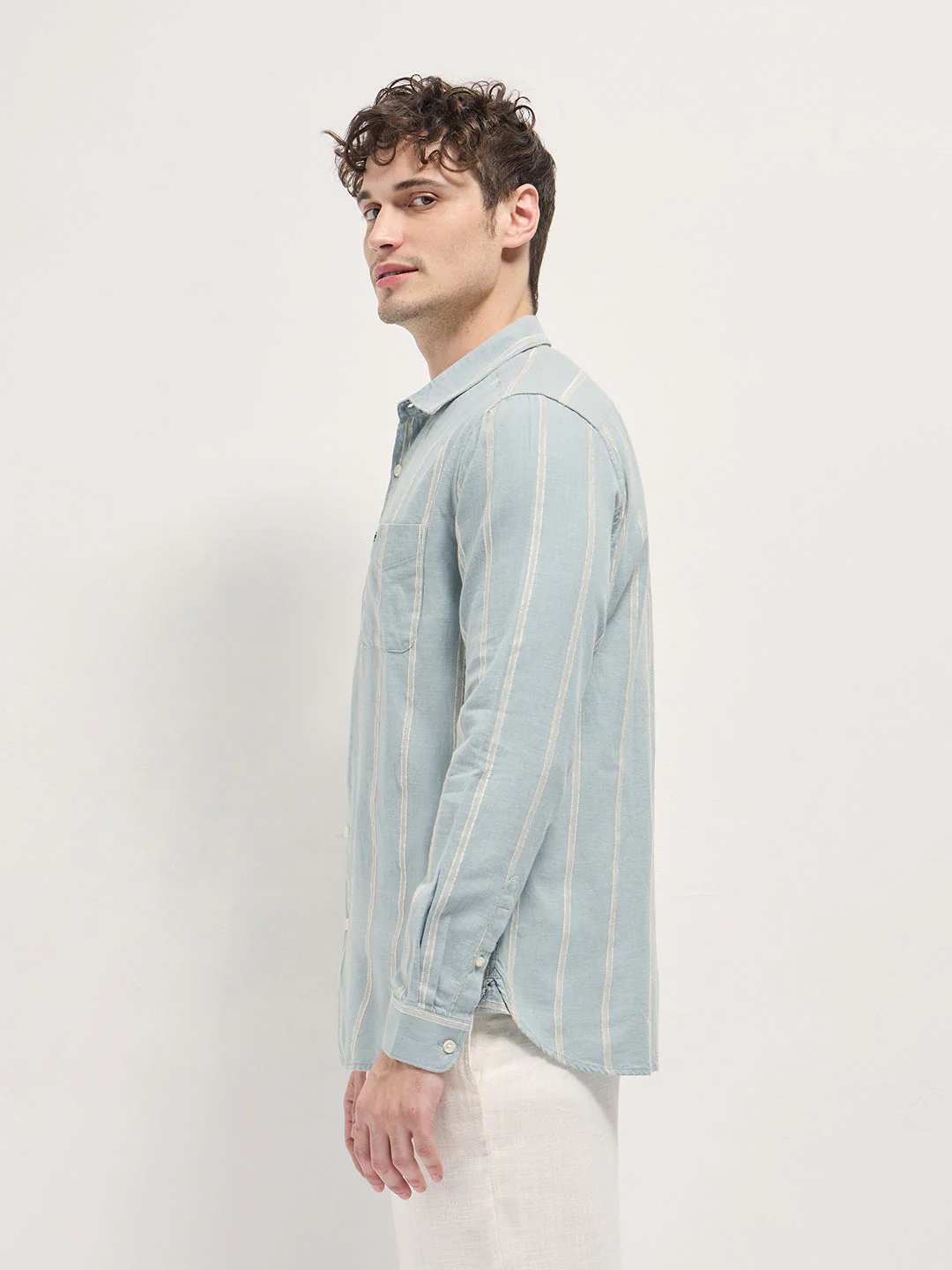 Men Light Green Vertical Stripes Slim Fit Casual Shirt - Image 3