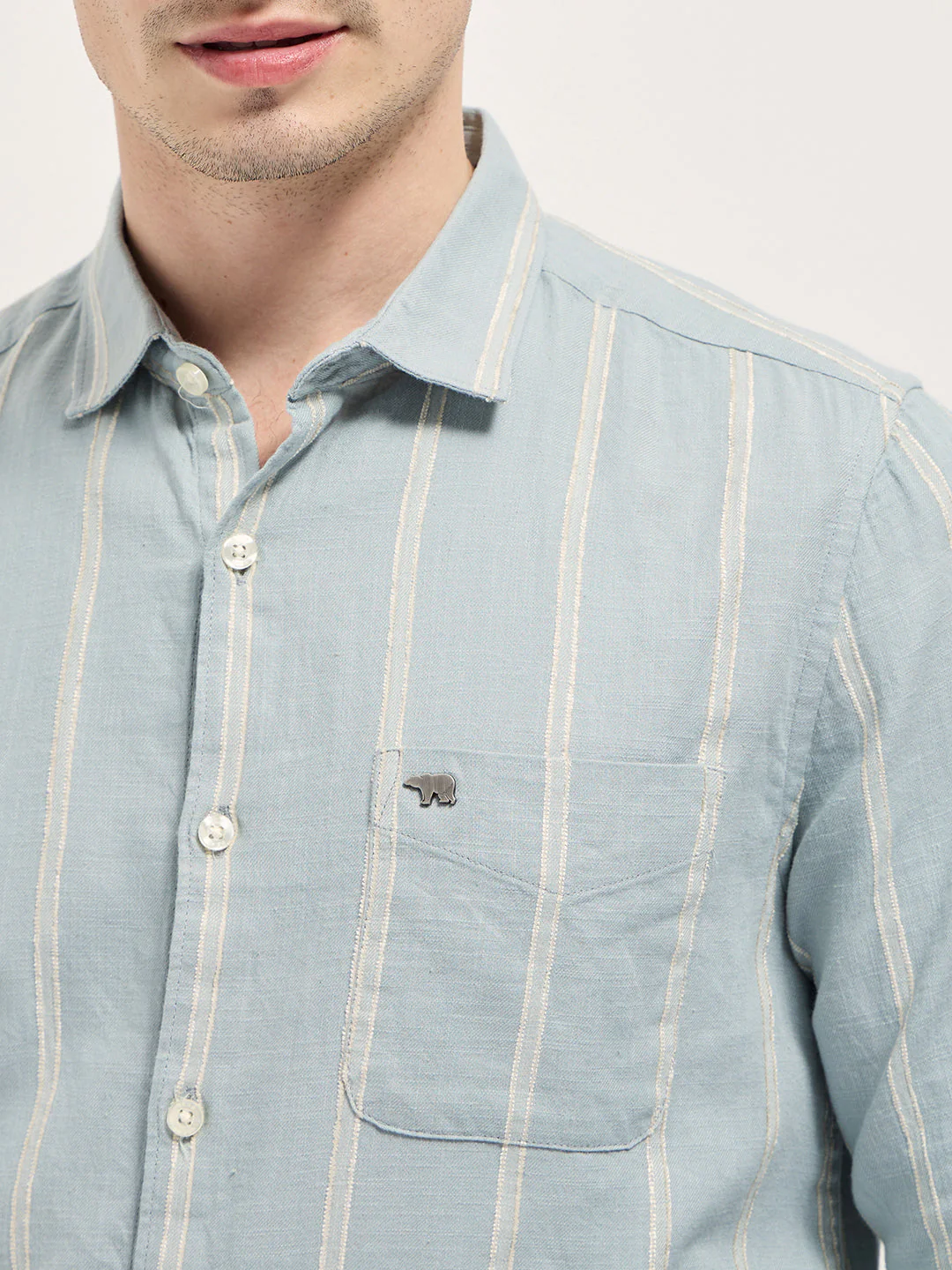 Men Light Green Vertical Stripes Slim Fit Casual Shirt - Image 5