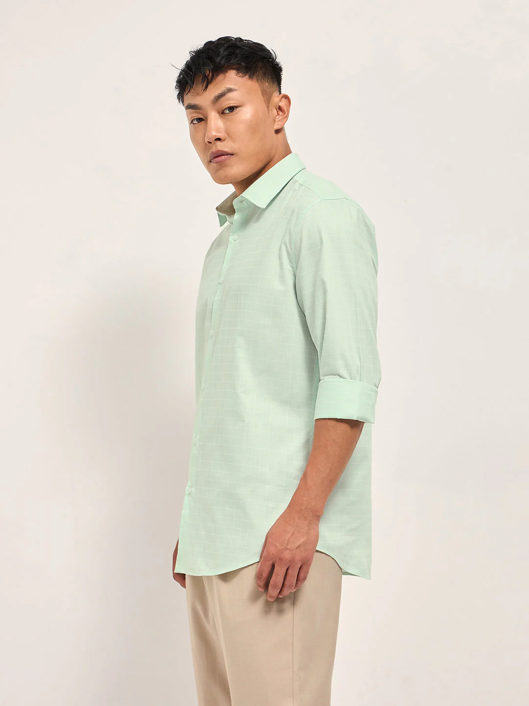 Men Light Green Windowpane Checks Tailored Fit Formal Shirt - Image 3