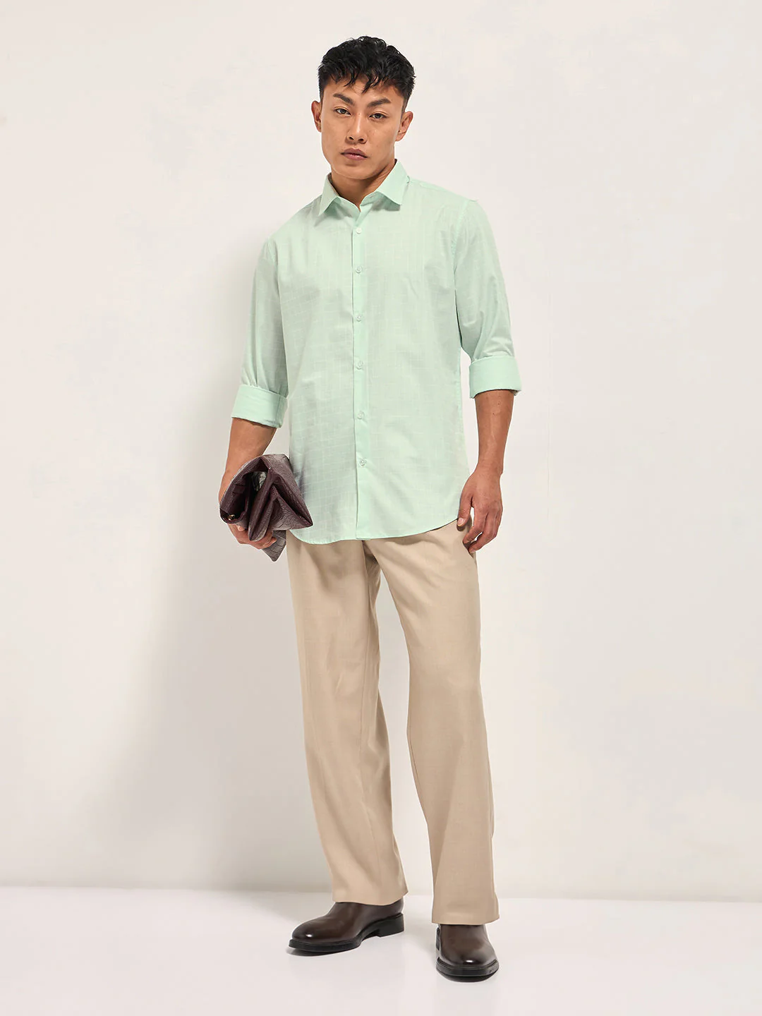Men Light Green Windowpane Checks Tailored Fit Formal Shirt - Image 4