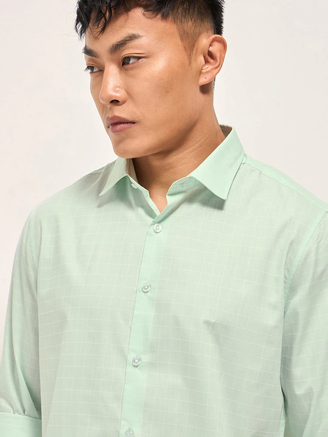 Men Light Green Windowpane Checks Tailored Fit Formal Shirt - Image 5