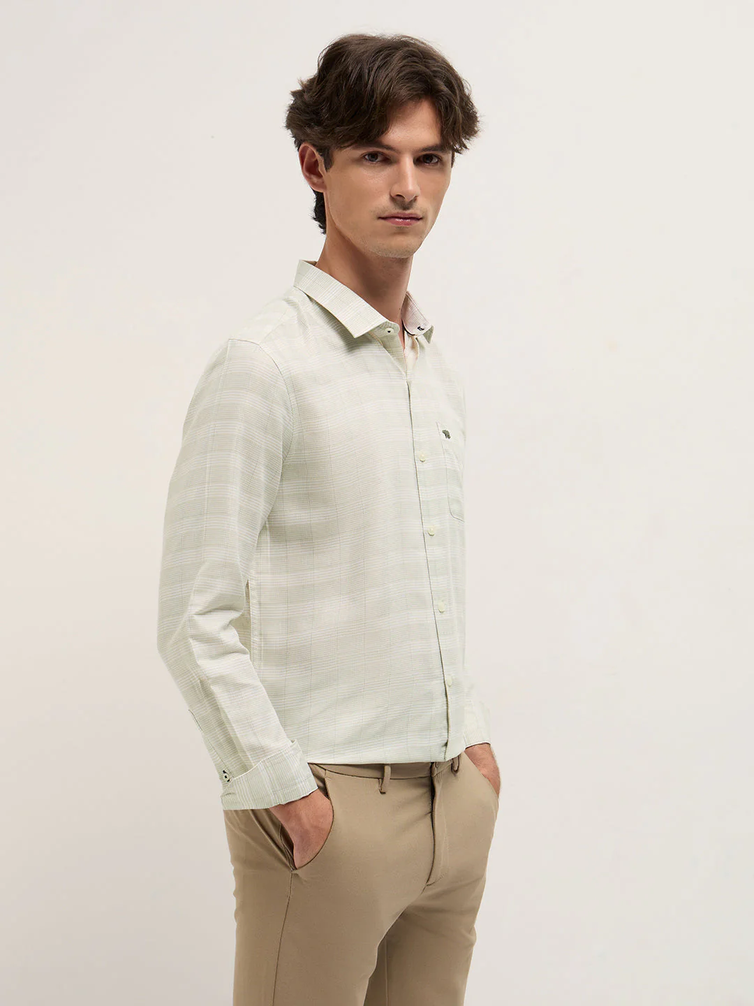 Men Light Green Woven Checked Design Tailored Fit Formal Shirt - Image 2
