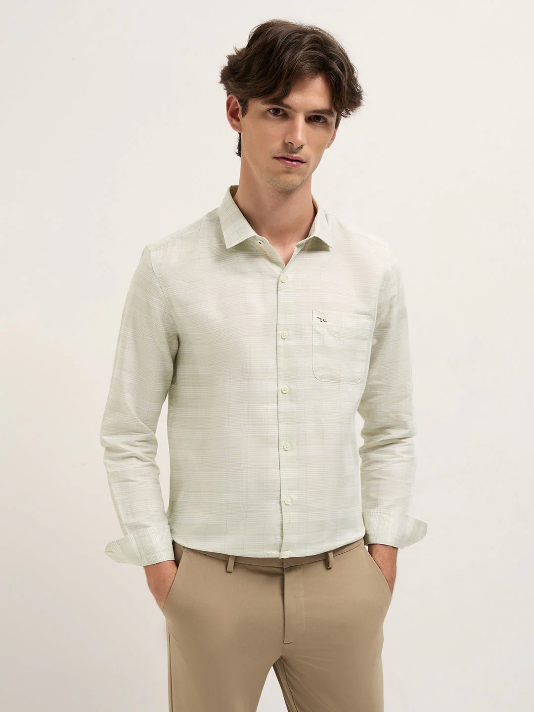Men Light Green Woven Checked Design Tailored Fit Formal Shirt - Image 4