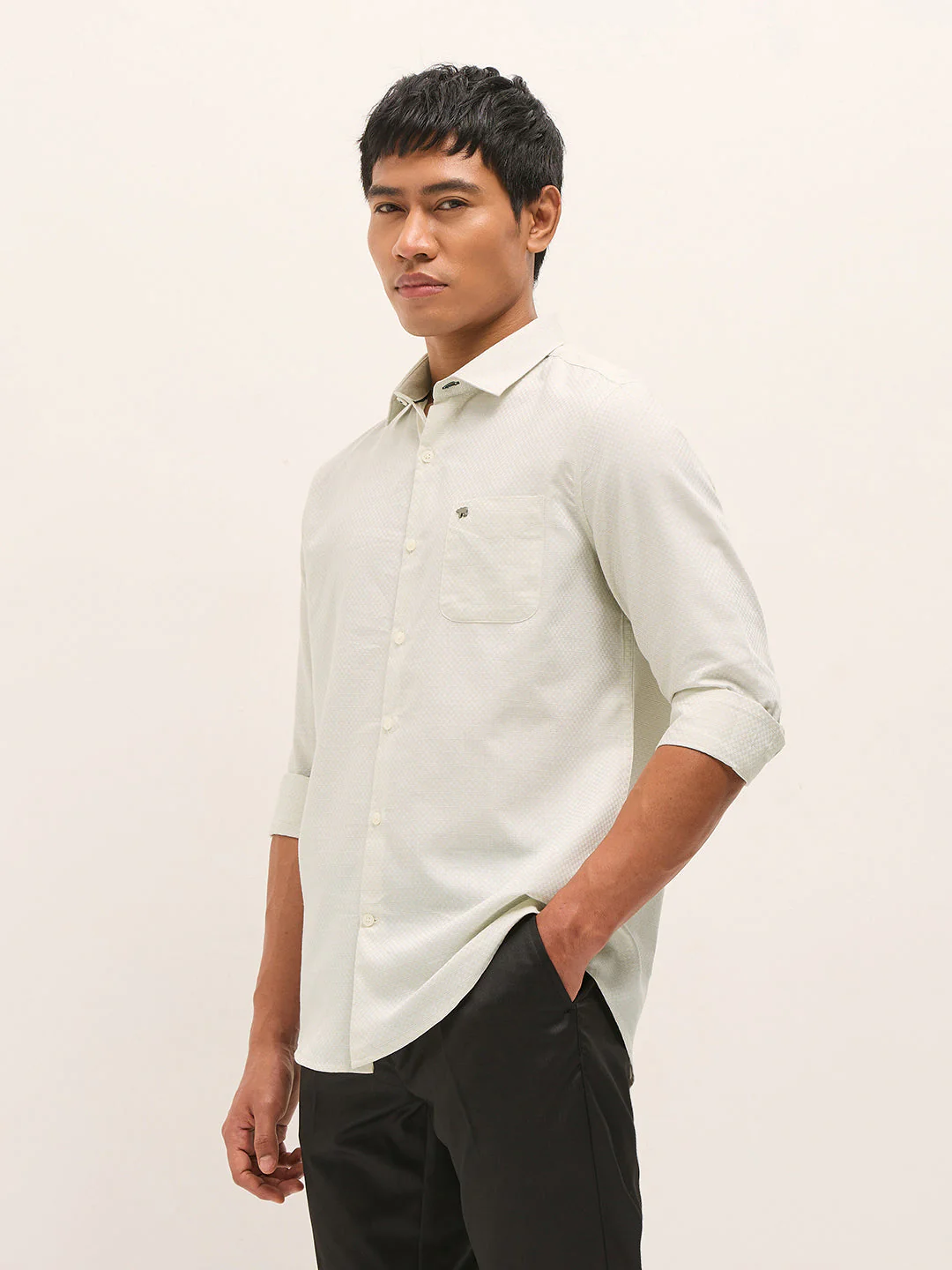 Men Light Green Woven Cotton Blend Tailored Fit Formal Shirt - Image 3