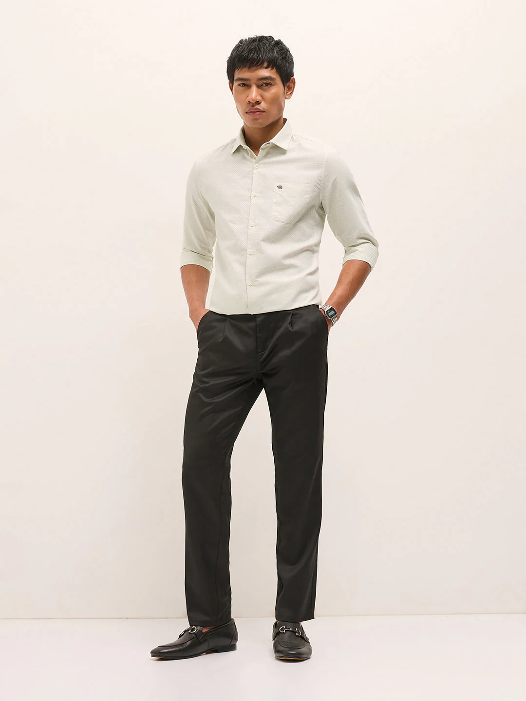 Men Light Green Woven Cotton Blend Tailored Fit Formal Shirt - Image 4