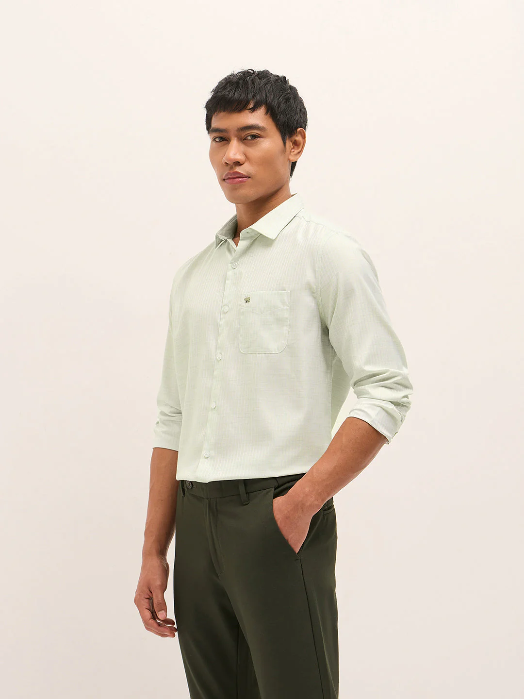 Men Light Green Woven Pinstripe Tailored Fit Formal Shirt - Image 3